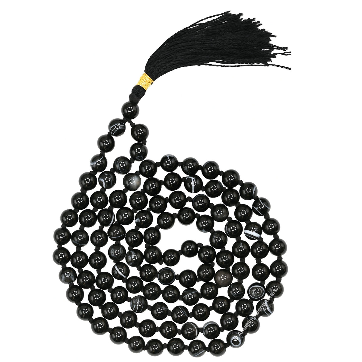 Black Banded Agate Sulemani Hakik Stone Buddhist Prayer Beads Japa Mala with 108 Meditation Beads (Hand Knotted / Black Banded Agate)