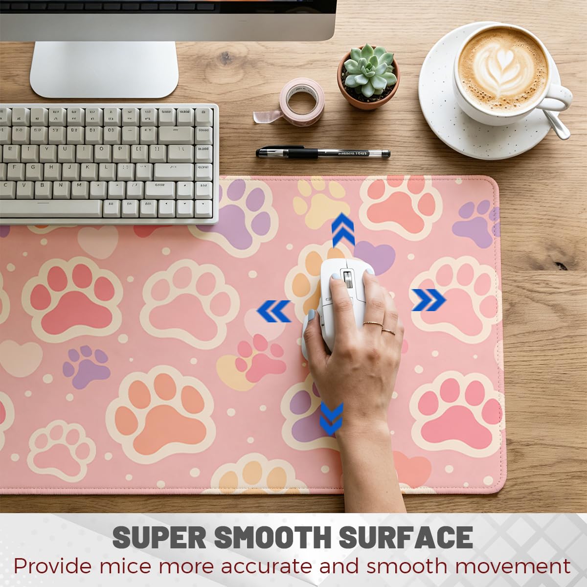 Paw Print Large Gaming Mouse Pad Cute Pet Pink Kawaii Heart Desk Mat (Paw Print / 35.4L x 15.7W inches)