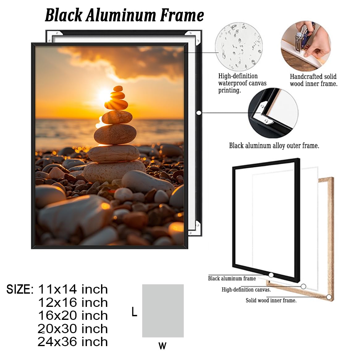 Zen Balance Stone Wall Art (Black Aluminum Frame-4 / 16"L x 20"W)