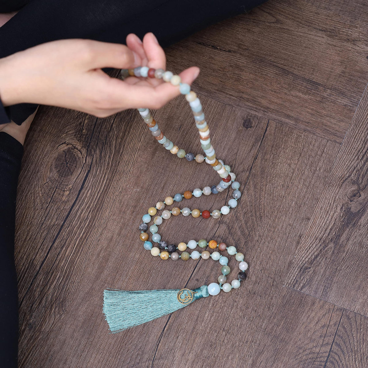 OM Charm Hand Knotted Tassel 108 Mala Beads Amazonite Stone Beaded Necklace 8mm (8mm / Faceted Amazonite)