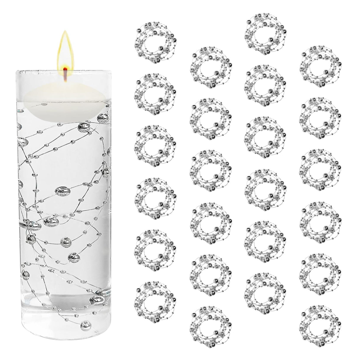 24PCS MANNYCOM Artificial Pearls Beads String for Floating Candles (Silver)