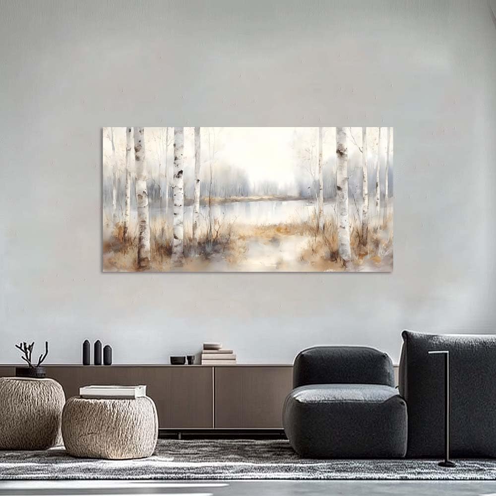 Misty Birch Tree Forest Canvas Wall Art Watercolor Lake Landscape Painting Flat Print Gallery Wrapped Nature Artwork for Living Room Bedroom Bathroom Decor (Mysterious / White Birch Forest 20 / 46"L x 23"W)
