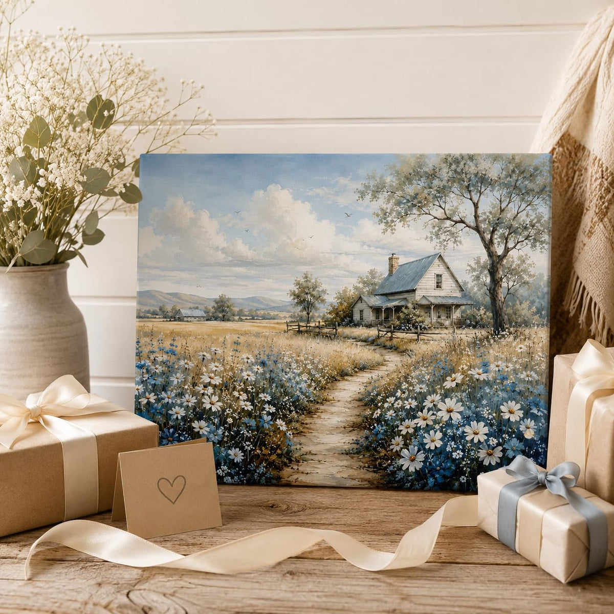 Farmhouse Landscape Framed Canvas Wall Art Wildflower Picture 12x16 Inches (Farmhouse Landscape / 16"L x 12"W)