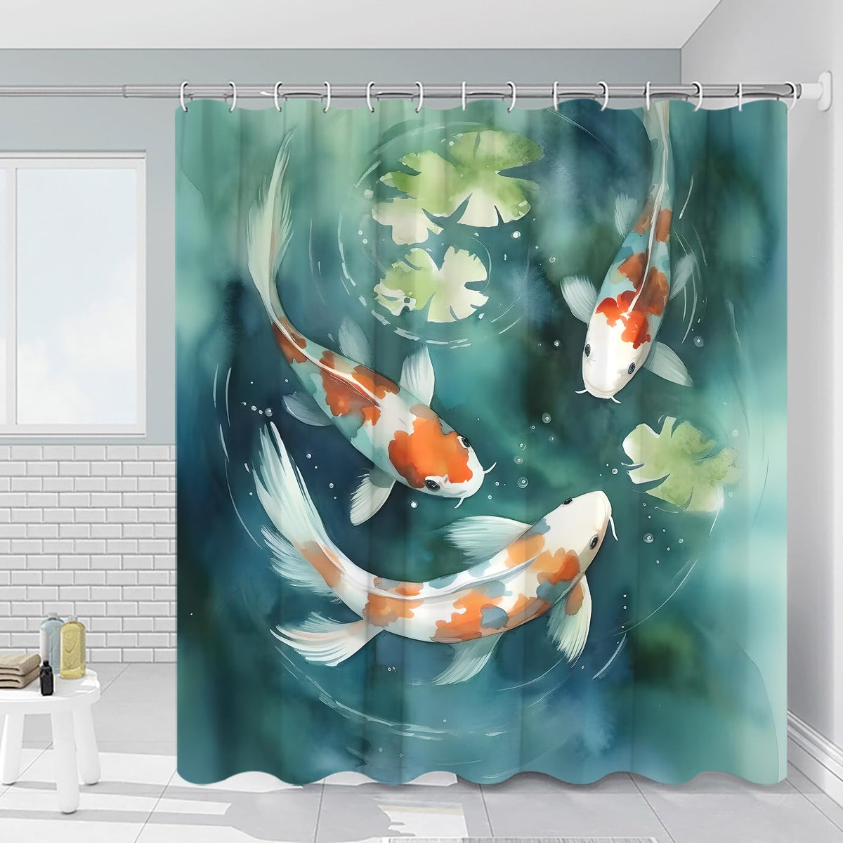 Japanese Fishes Shower Curtain Asian Chinese Zen Garden 84 x 70 in (Green Orange / 84"W x 70"L (Pack of 1))