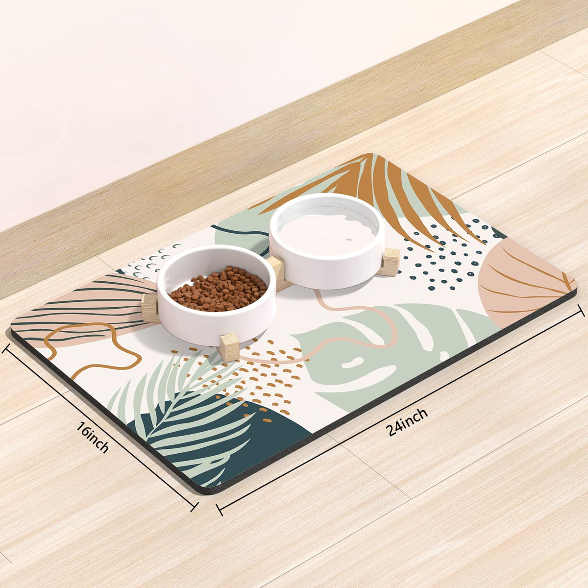 Dog Food Mat 16" x 24" Boho Absorbent Dog Cat Bowl Mat for Food and Water (Boho Tropical Leaves / 16"L x 24"W)