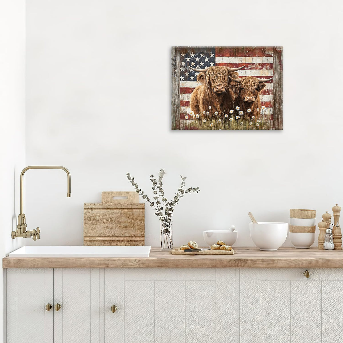 Highland Cow Canvas Wall Art Animal Print Painting Framed ArtWork 16"x20" (Highland Cow-Flag / 20"L x 16"W)
