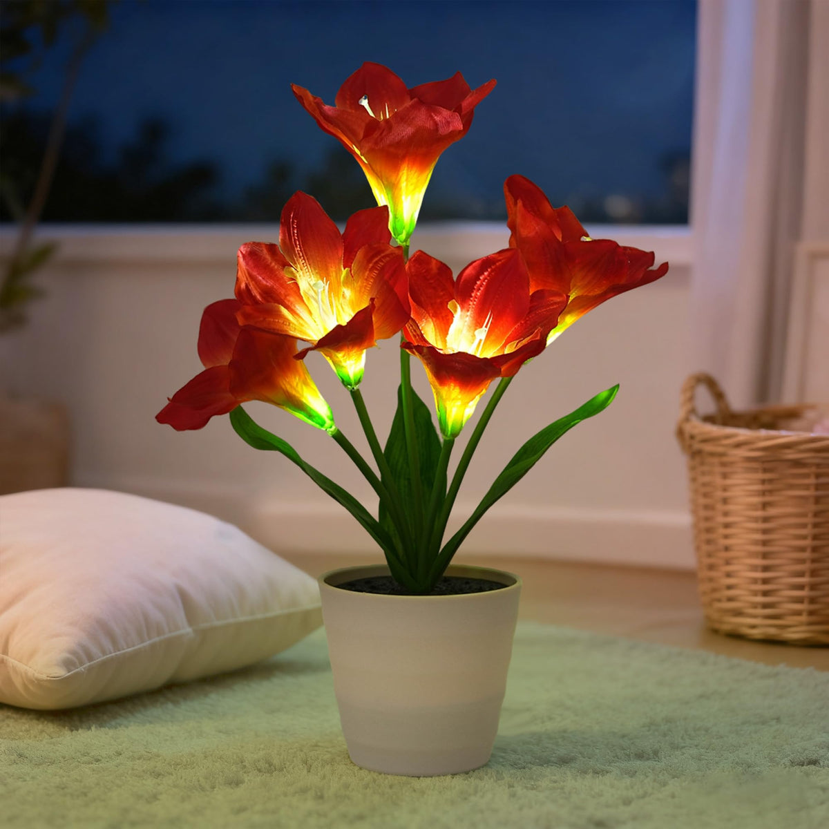 Artificial Red Amaryllis Flower Lamp Night Light for Bedroom Bar Coffee Shop Wedding Decor (Lily-Red)