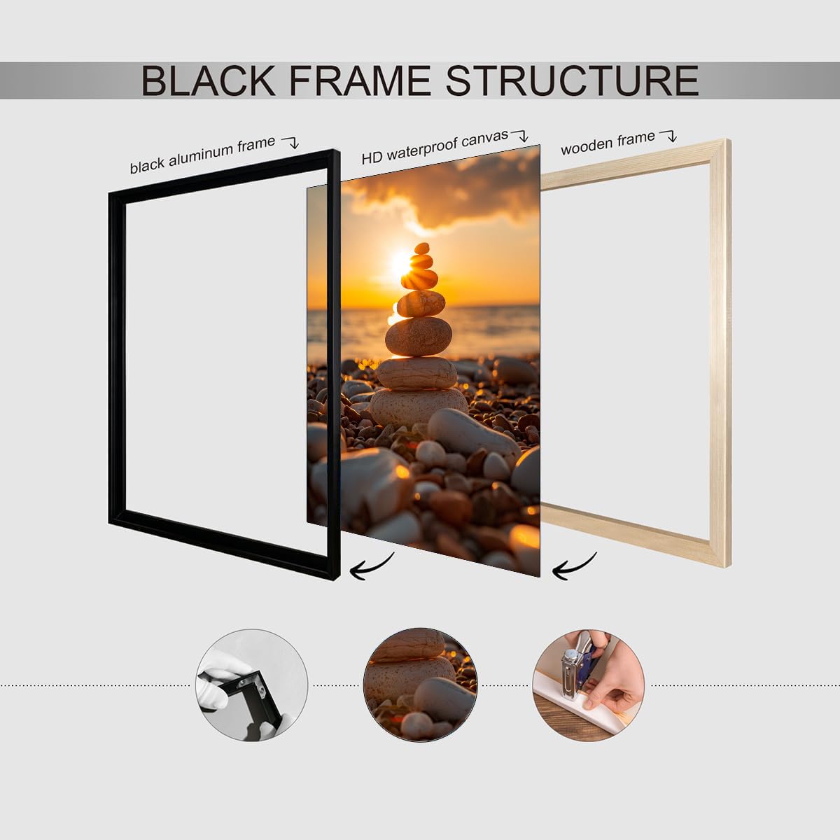 Zen Balance Stone Wall Art (Black Aluminum Frame-4 / 24"L x 36"W)