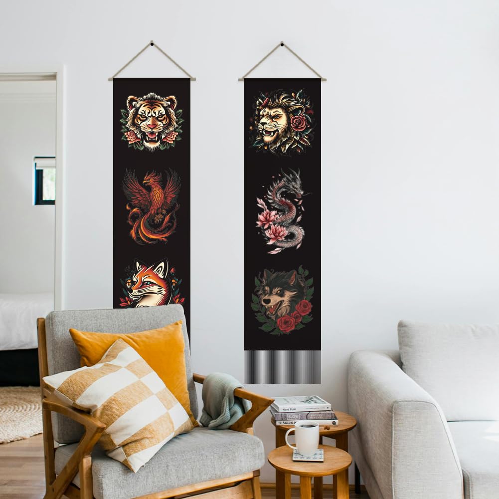 2Pcs Mythical Animals Long Vertical Tapestry (Black-tiger lion)