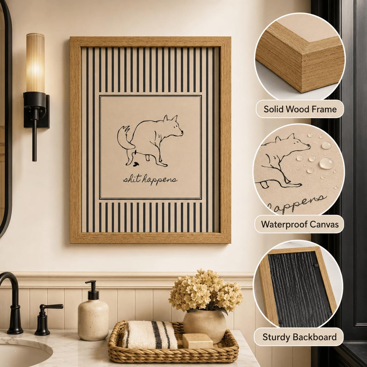 Funny Dog Bathroom Framed Wall Art (pooping dog / 24"L x 16"W)