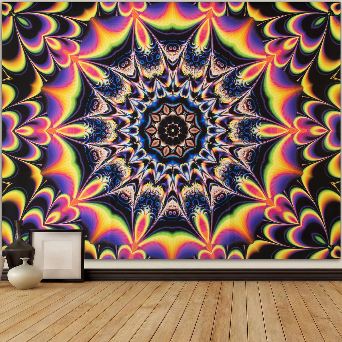 Blacklight Mandala Tapestry for Bedroom (Mandala Tapestry Red / 51"L x 59"W)