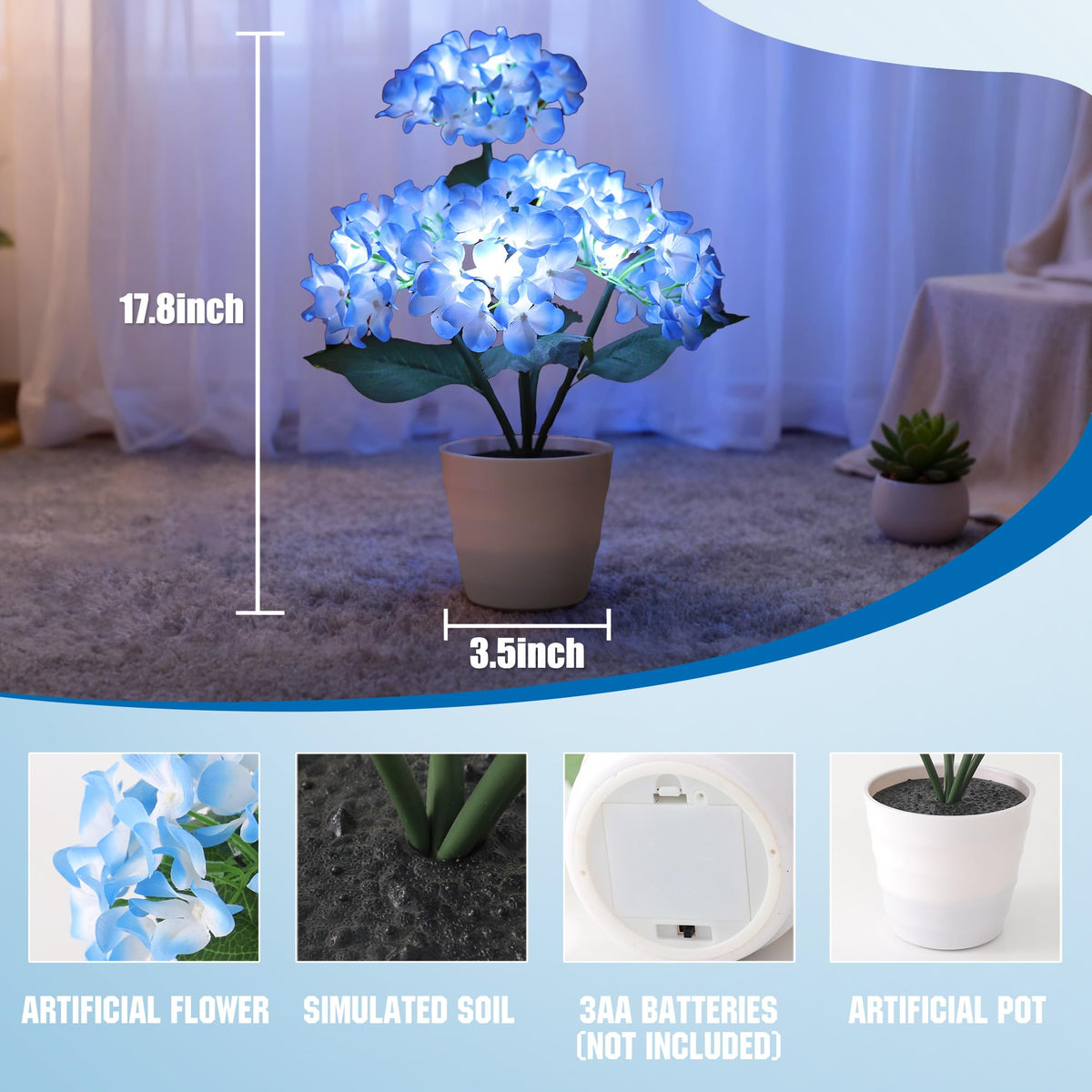 Blue Hydrangea Lamp Decor for Christmas Mother Valentines Day Birthday (HYDRANGEA FLOWR-B)