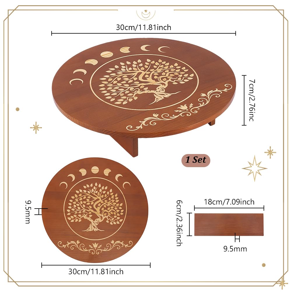 Altar Table 11.8x2.7 Inch Round Wooden Meditation Table Engraved Moon Tree of Life Patterns Wiccan Tables for Room Engraved Mystic Decor Witchcraft Supplies Buddhist Alter (11.8x11.8 inch)
