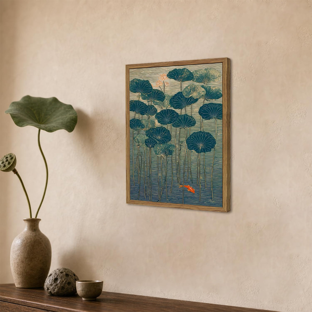 Koi Fish Lotus Wall Art Vintage Japanese Zen Wall Decor Picture Red Koi Fish and Water Lily Canvas Painting Print for Bathroom Living Room Bedroom 12x16 inch Wood Framed (Animal-N / 16"L x 12"W)