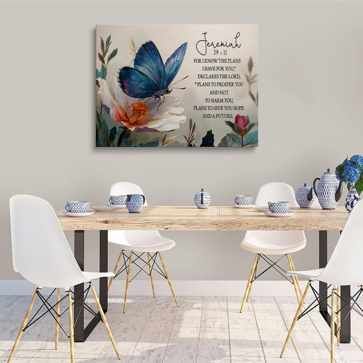 Blue Butterfly Vintage Floral Inspiring Christian Gifts for Women Canvas Wall Decor (Light-colored / 24"L x 16"W)
