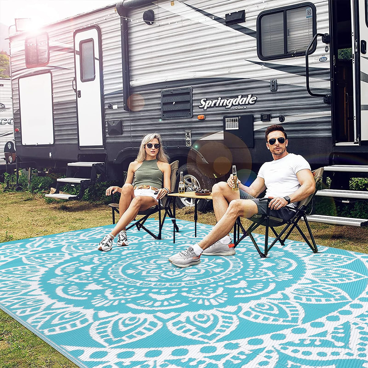 Waterproof Outdoor Rug 6'x9' Reversible Boho Plastic Straw Patio Deck Camping Rugs (Flower Teal / 6' x 9')