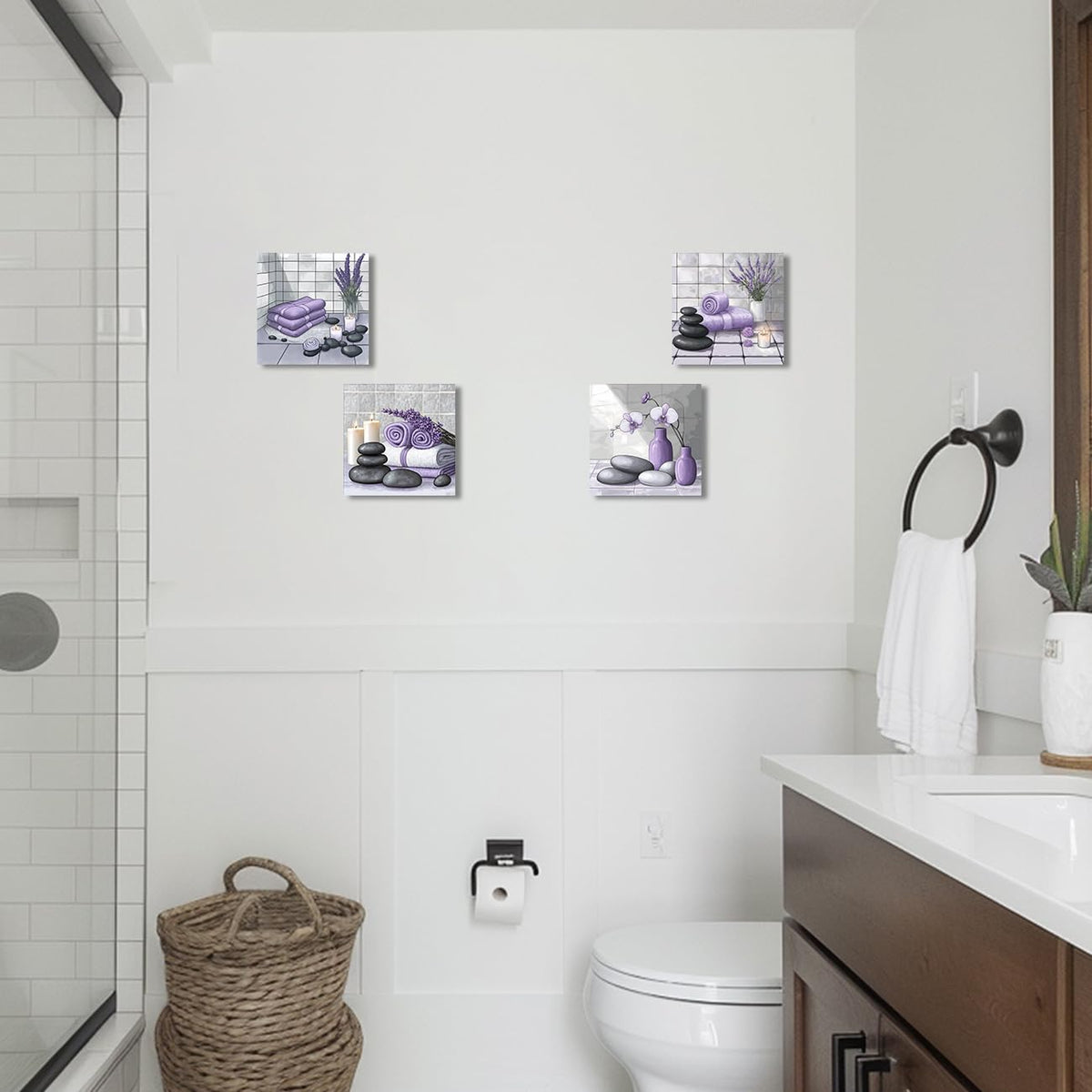 Zen Wall Art for Bathroom Decor Zen Stone & Orchid Still Life Pictures Bath Canvas Prints Zen Meditation Room Spa Wall Decor (20.00" x 20.00" x 4 / Purple)
