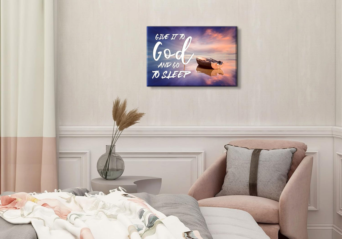 Beach Christian Wall Art Canvas Give It to God and Go to Sleep Religious Sign Poster Bedroom Wall Decor Bible Verse Scripture Artwork Sunset Boat Picture Living Room Above Bed Home Decorations 12x16'' (16"L x 12"W / God)
