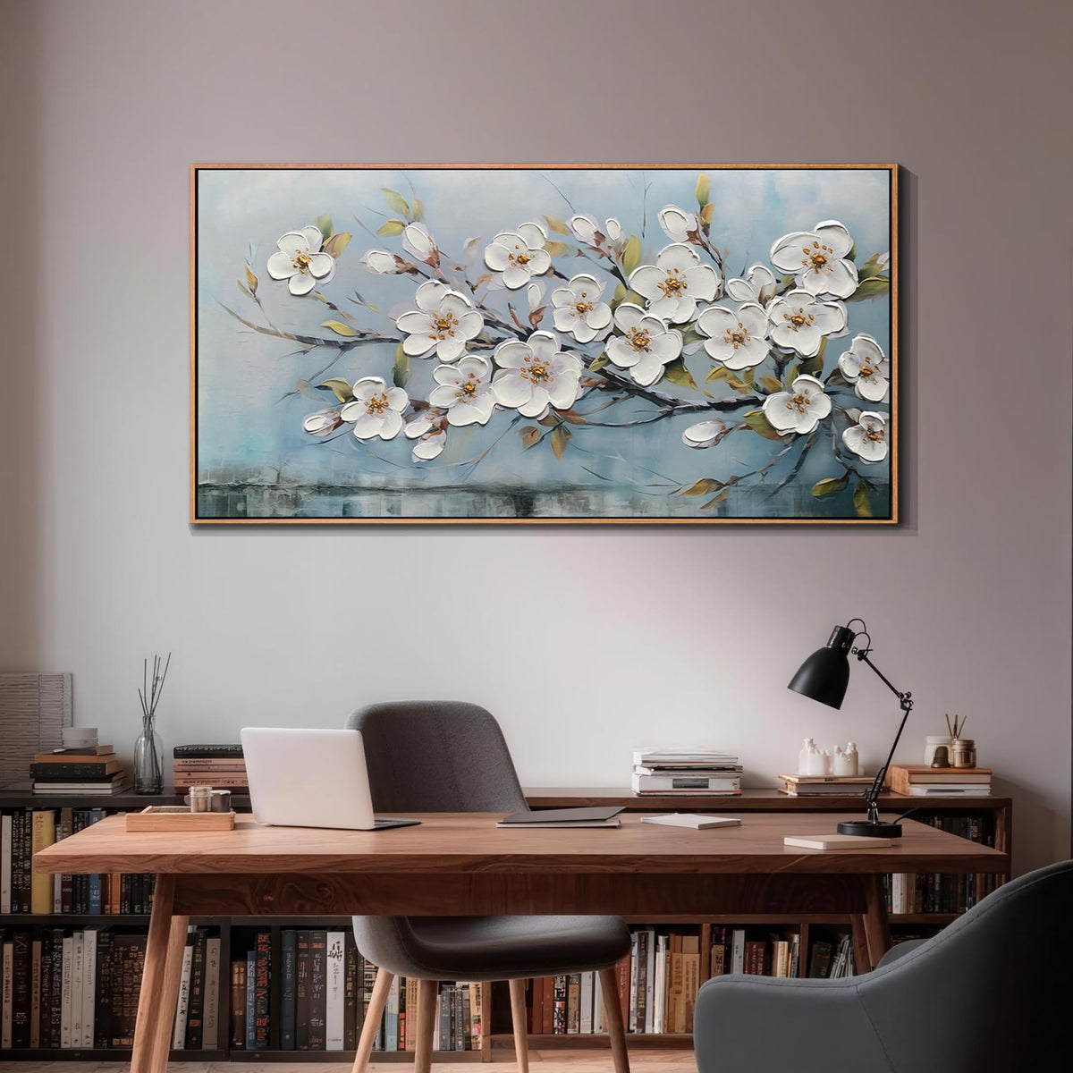 Framed Large Textured Canvas Wall Art for Living Room (White Flowers / Wood Framed / 58.1"L x 29.1"W)