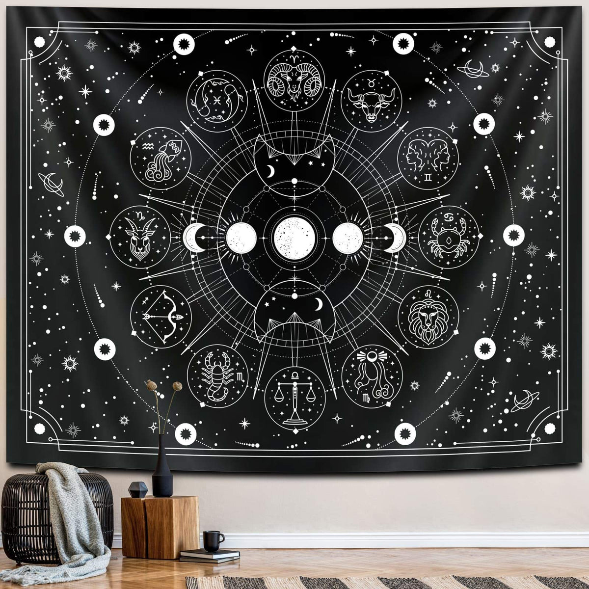 Zodiac Astrology Witchy Wall Tapestry (Multicolor / 90"L x 70"W)