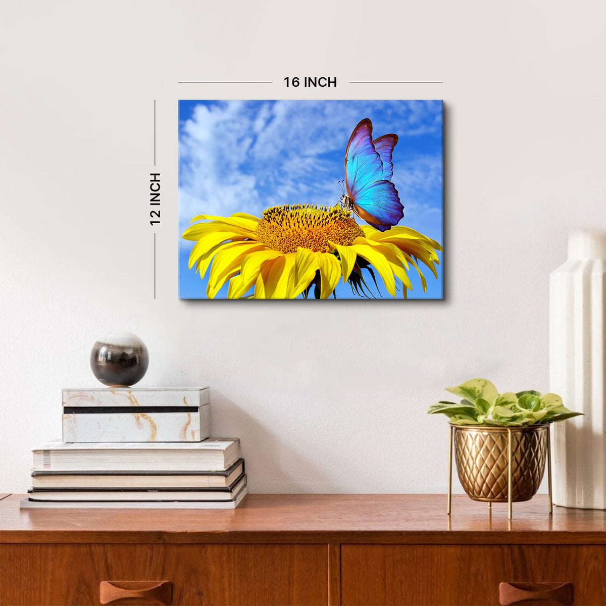 Sunflower Wall Art Bathroom Decor Butterfly Pictures Blue Sky Nature Landscape Canvas Prints Kitchen Sunflower Painting for Living Room Artwork Yellow Floral Posters Bedroom Home Decorations 12x16" (16"L x 12"W / Sunflower Butterfly)