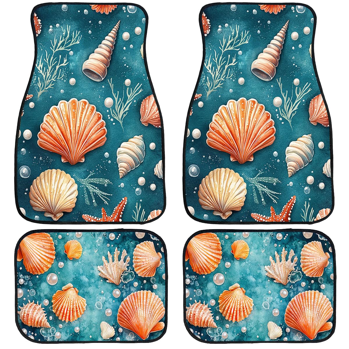 Seashell Car Floor Mats Set of 4 Pearl Watercolor Colorful Starfish Carpet Front Rear Carpets Mat Non (26.8"L x 17.3"W x 0.4"Th / Seashell)