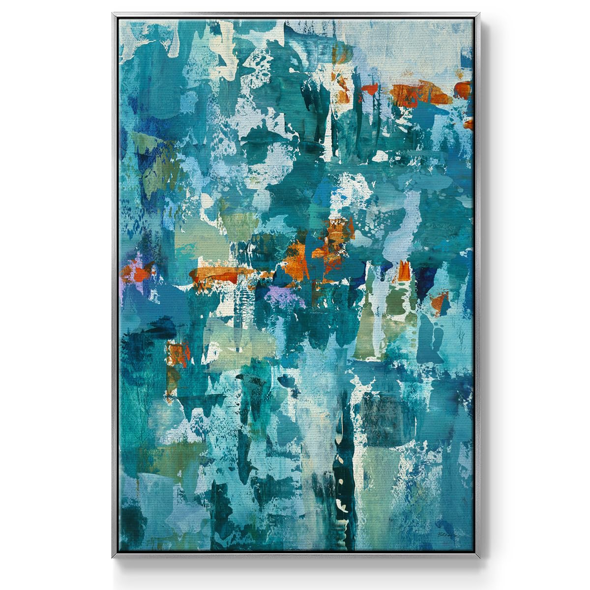Canvas Wall Art Silver Floater Framed Prints for Home Rustic Teal Blue Brushstrokes Splash Abstract Hanging Artwork for Bedroom Office Kitchen (25"L x 17"W / Reticent I)