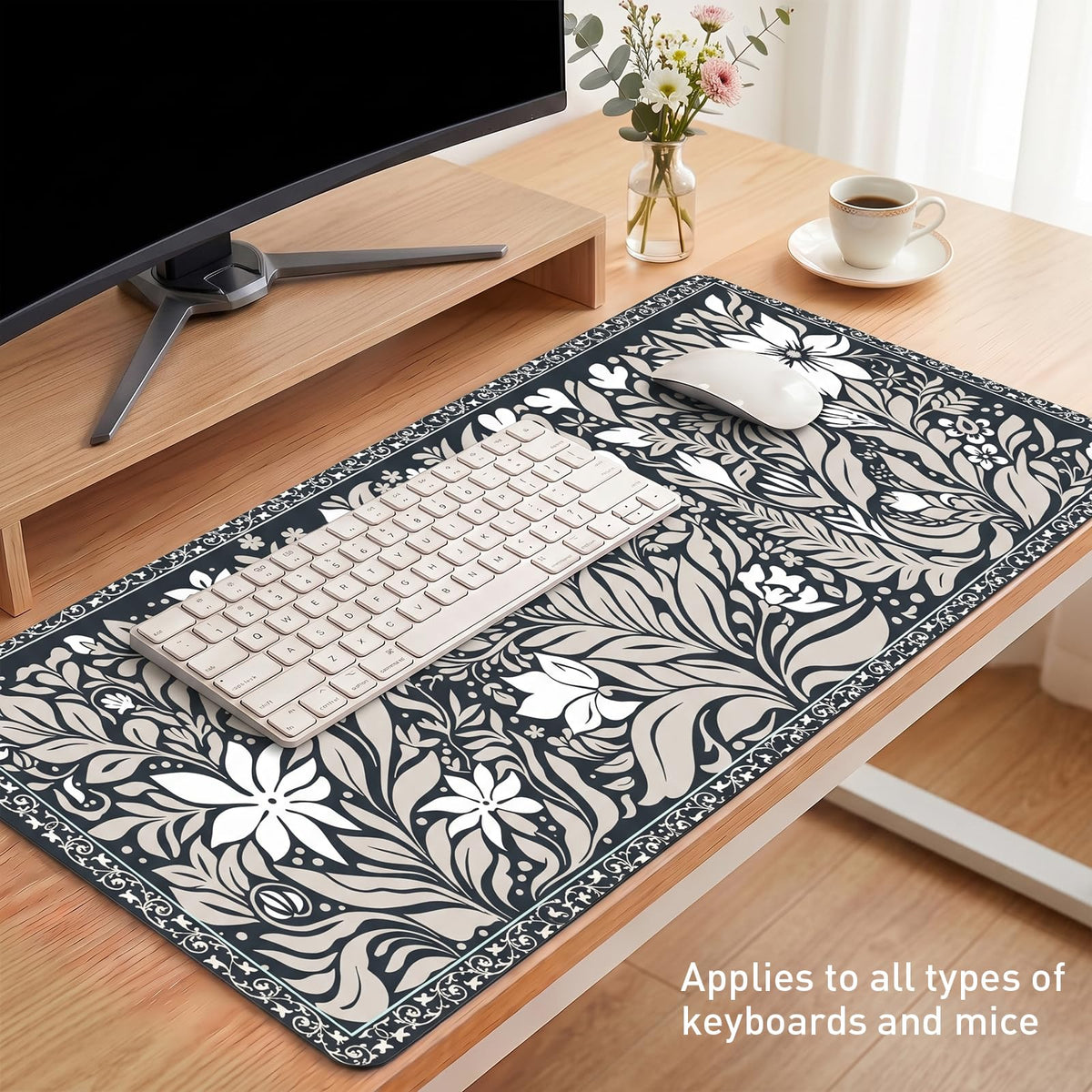 Dark Vintage Botanical Desk Mat (Navy Botanical Line Art / 35.4" x 15.7")