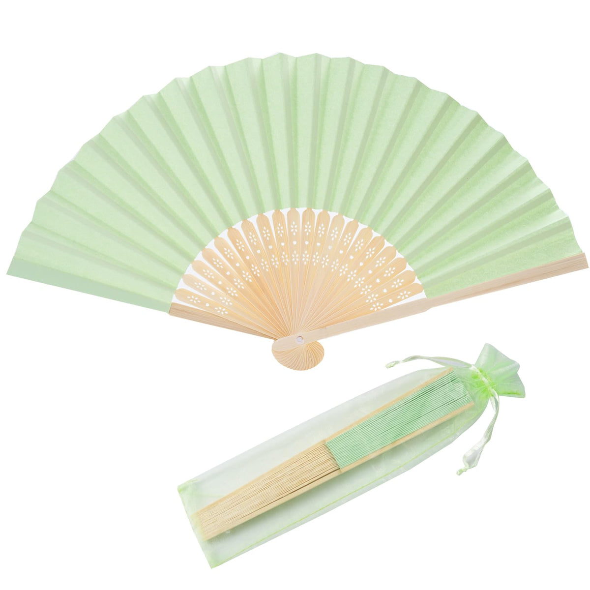 50pcs Paper Hand Fan with Organza Bags Bamboo Handheld Folding Fan DIY Decorative Wedding Party Favors (Light Green)