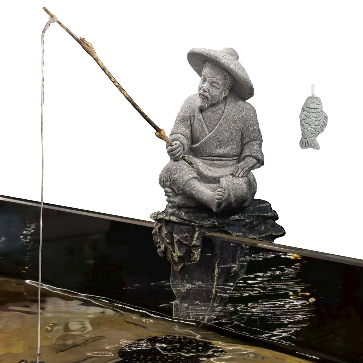 Zen Fisherman Statue with Rock (B Fisherman)
