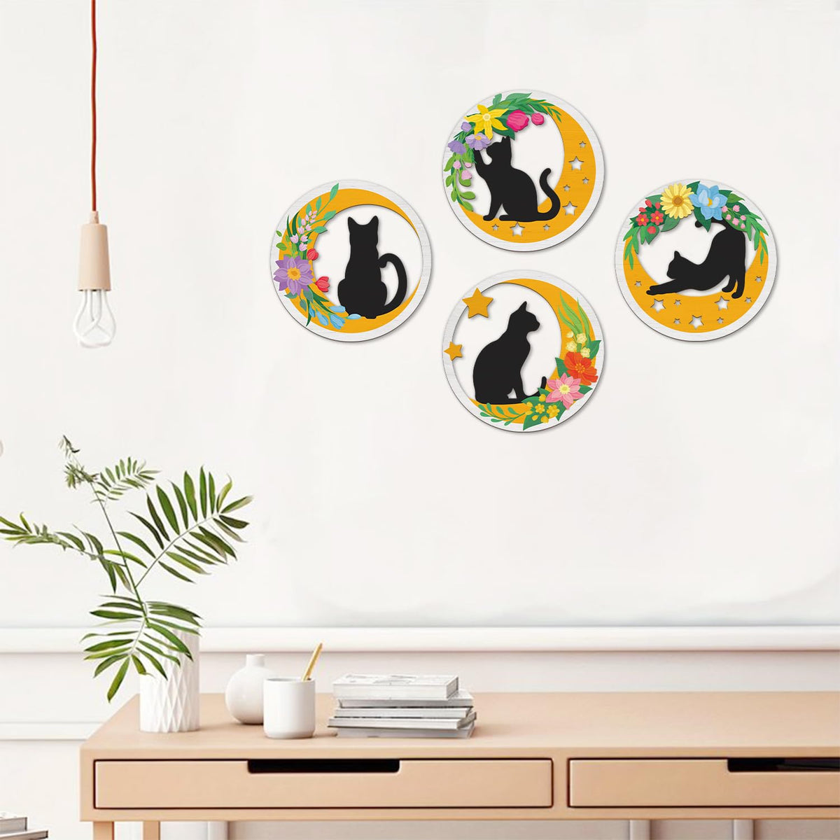 Boho Cat Moon Wall Decor Floral Black Cats Wooden Wall Art (4pcs Boho Cat Moon Wall Decor)