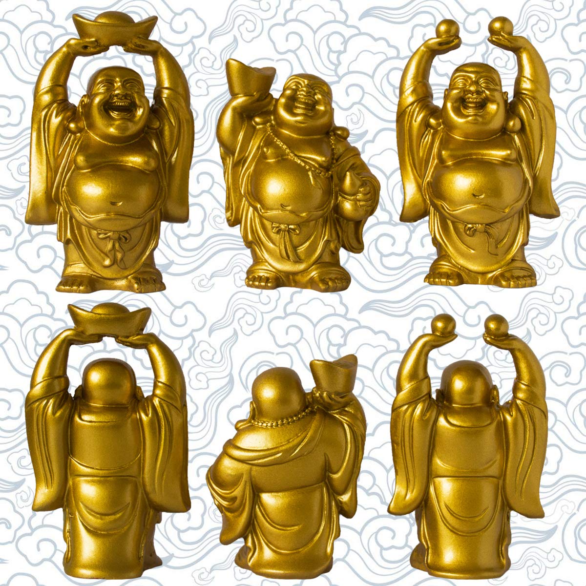 Set of 6 Laughing Happy Buddha Statue Resin Figurines Feng Shui for Luck Wealth Good Gift and Collection (Gold / 4.5'')
