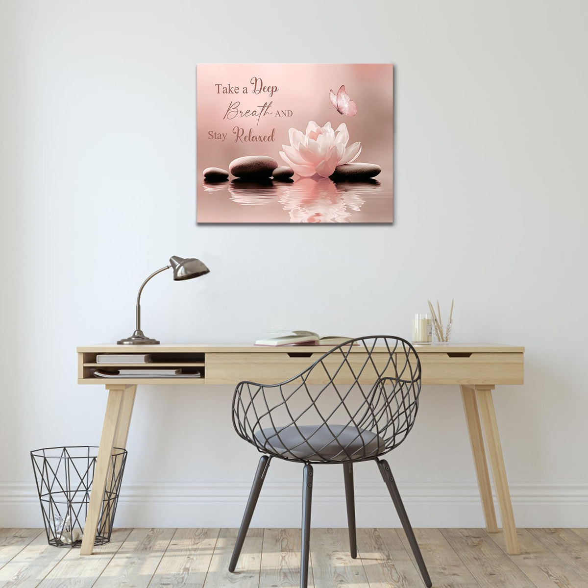 Zen Floral Pink Framed Wall Art Water Lily Flower and Stone Butterfly Inspirational Quotes Canvas Wall Art Modern Spiritual Yoga Spa Pictures for Bedroom Office Wall Decor (8"L x 10"W / Pink)