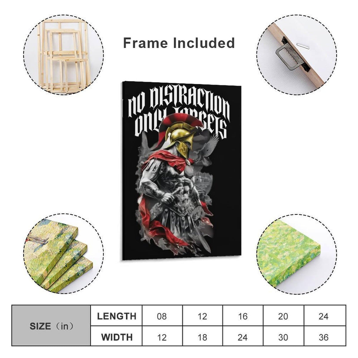 No Distraction Only Targets Spartan Warrior Canvas Printing Wall Art Prints Wall Decor Posters Black Red Gothic Motivational Bedroom Living Room Office Gym Decor 12x18inch (style-30 / 12x18inch(30x45cm) Frame)