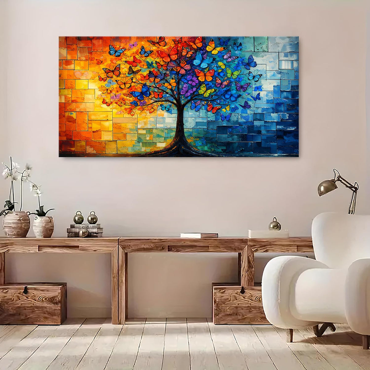 Colorful Butterfly Trees Wall Art Tree of Life Picture Wall Decor Large Living Room Wall Decoration (60"L x 30"W / Tree of Life)
