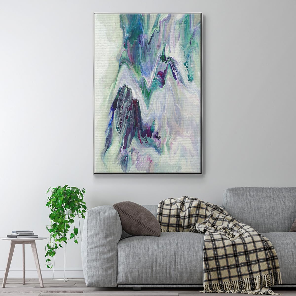 Abstract Wall Art Home Decor Paintings Wild Flowing River Water Canvas Silver Floater Frame Prints for Office Kitchen Living Room (37"L x 25"W / Wild River)