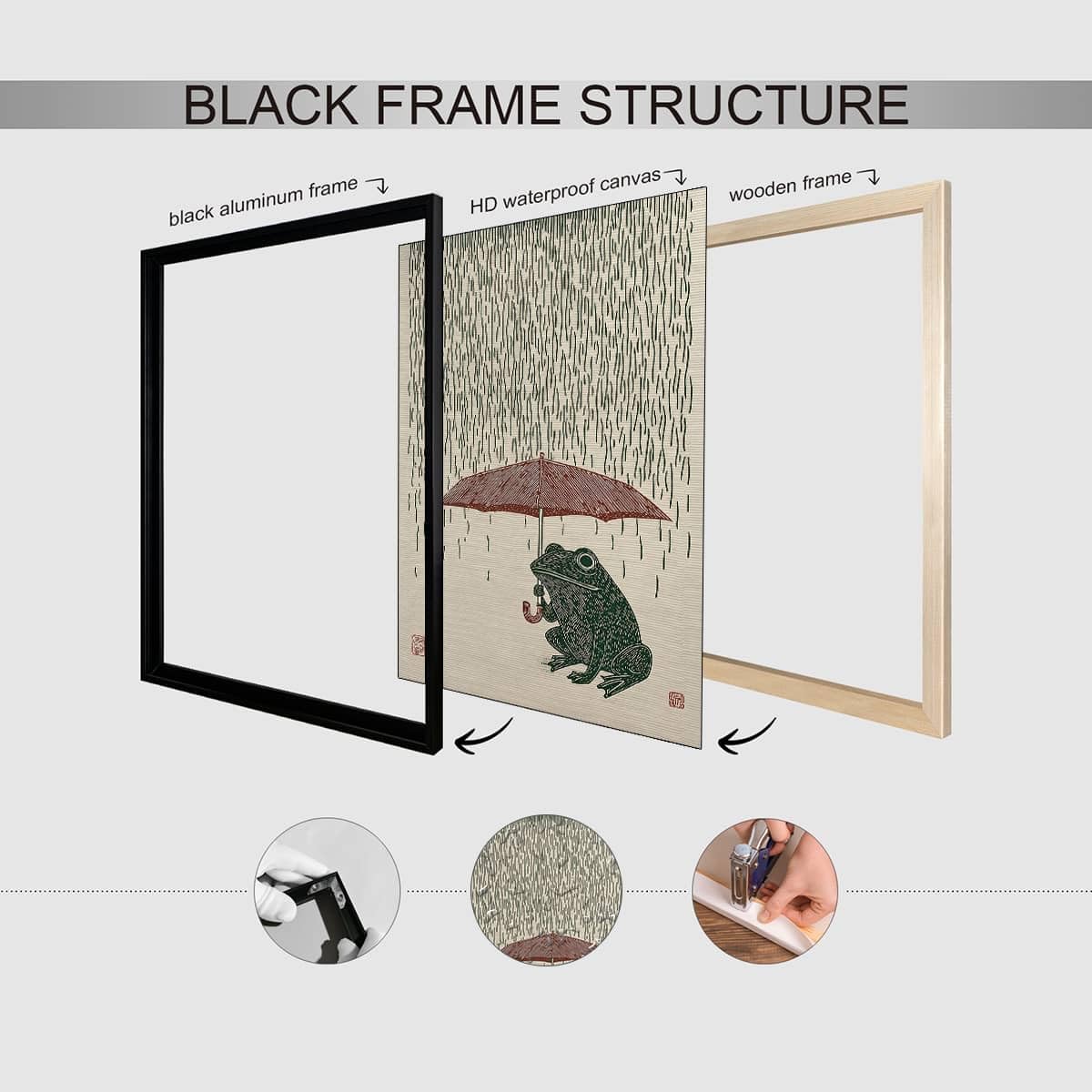 Black Framed Vintage Japanese Wall Art 24x36in Whimsical Frog with Umbrella Poster Cute Japan Animal Picture Painting Minimalist Asia Aesthetic Prints for Living Room Bedroom Office Ready to hang (Black Framed / Japanese Frog Poster / 36"L x 24"W)