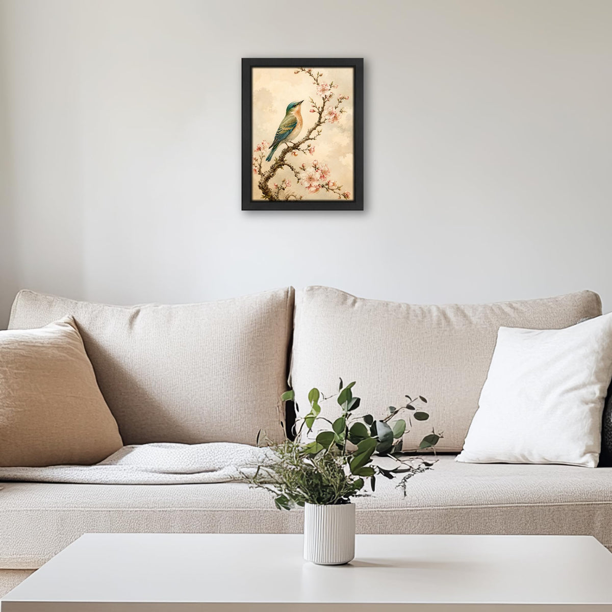 Vintage Bird Floral Decor Wall Art Rustic Cherry Blossom Picture 8"x10" (Wall Art Framed 20 / 10"L x 8"W)