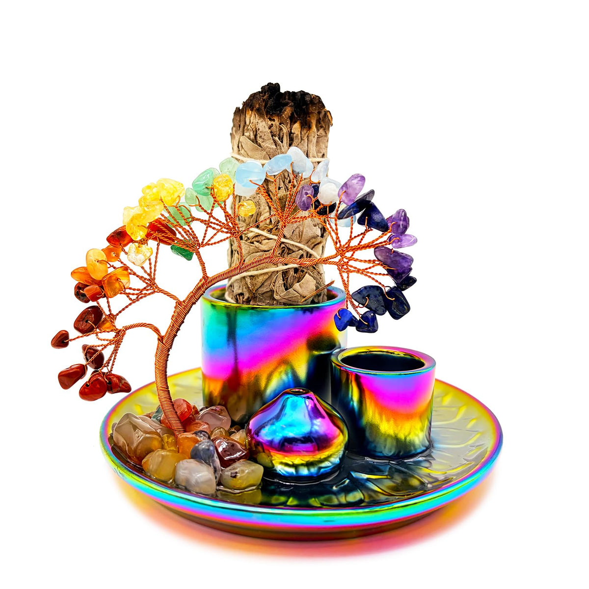 5 in 1 Incense Burner Holder with Crystal Tree for Burning Palo Santo Stick (Colorful)