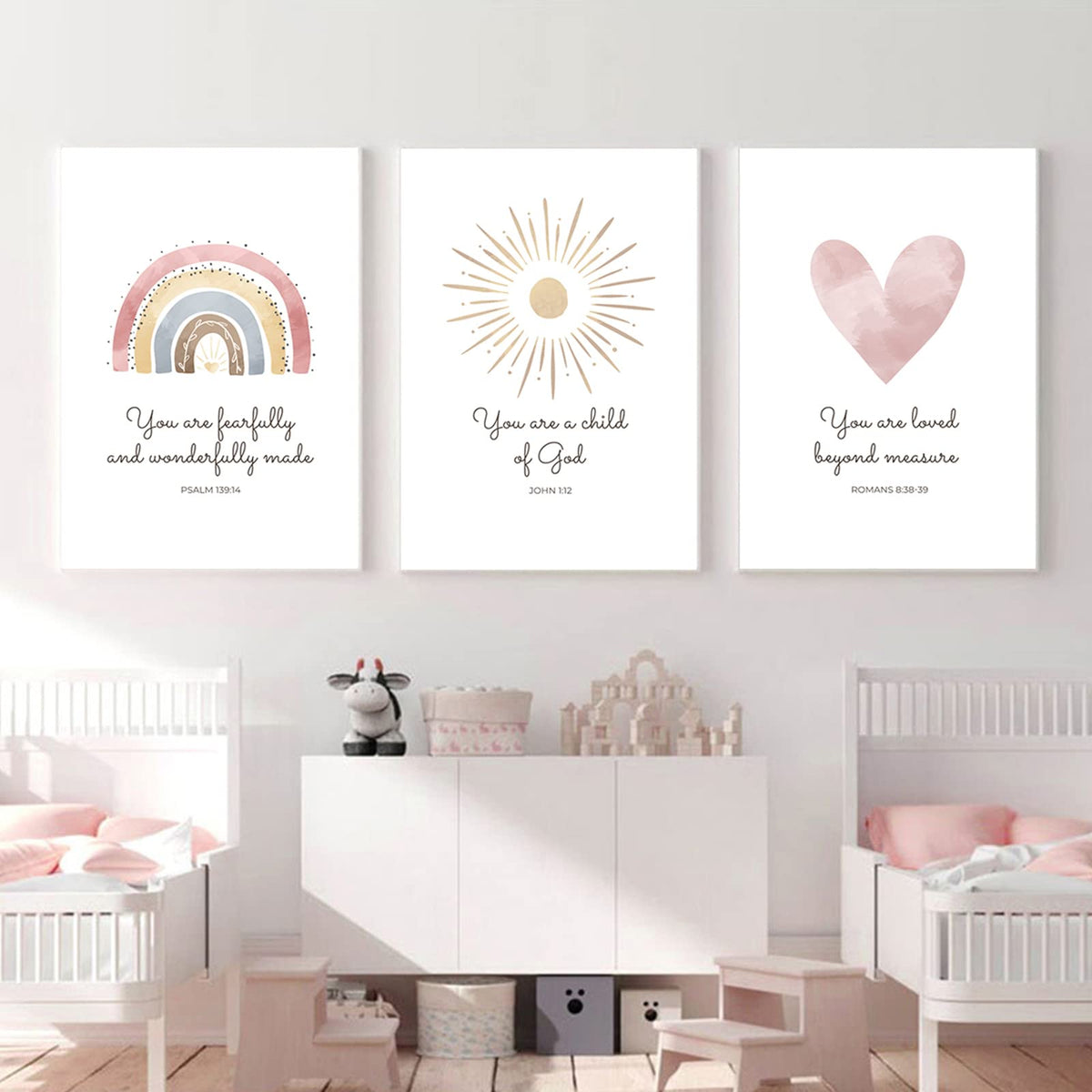 Boho Nursery Wall Art 3 Pieces Bible Verse Nursery Art Christian Girls Nursery Wall Art Heart Rainbow Sun Nursery Art Print Boho Sunshine Decor for Girl Baby Kid Room Decor 12x16 Inch Unframed (Boho Nursery Prints / 12x16 Inch Unframed)