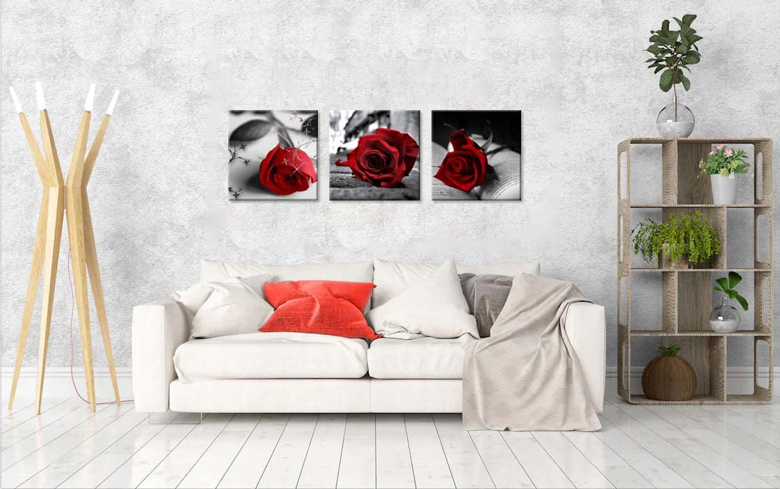 Canvas Print 3 Pcs Black and White Red Rose Canvas Art Painting Abstract Wall Art Decorations Flower Picture on Canvas for Home Decor Stretched and Framed (20 x 20 inches (3-Piece Set) / A-Rose)