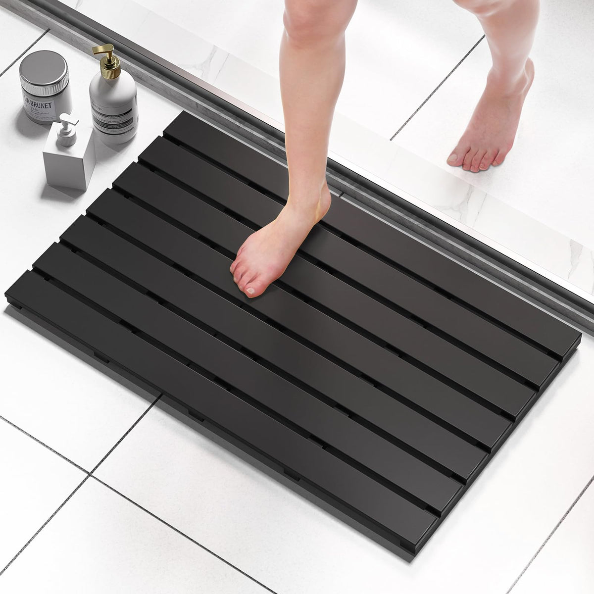 Wooden Bamboo Bath Shower Mat (Black / 31.3" x 18.1" (Rectangular))