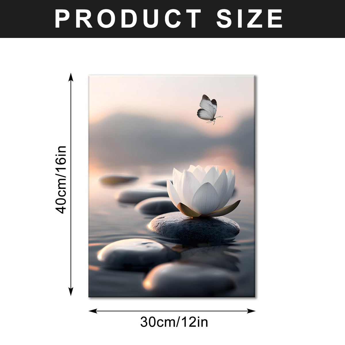 White Lotus Wall Art Canvas Flowers and Stones Spa Butterfly Painting Pictures for Yoga Room Spiritual Room Bathroom Zen Spa Photo Decor Framed Ready to Hang 12X16inches (16"L x 12"W / Lotus 01)