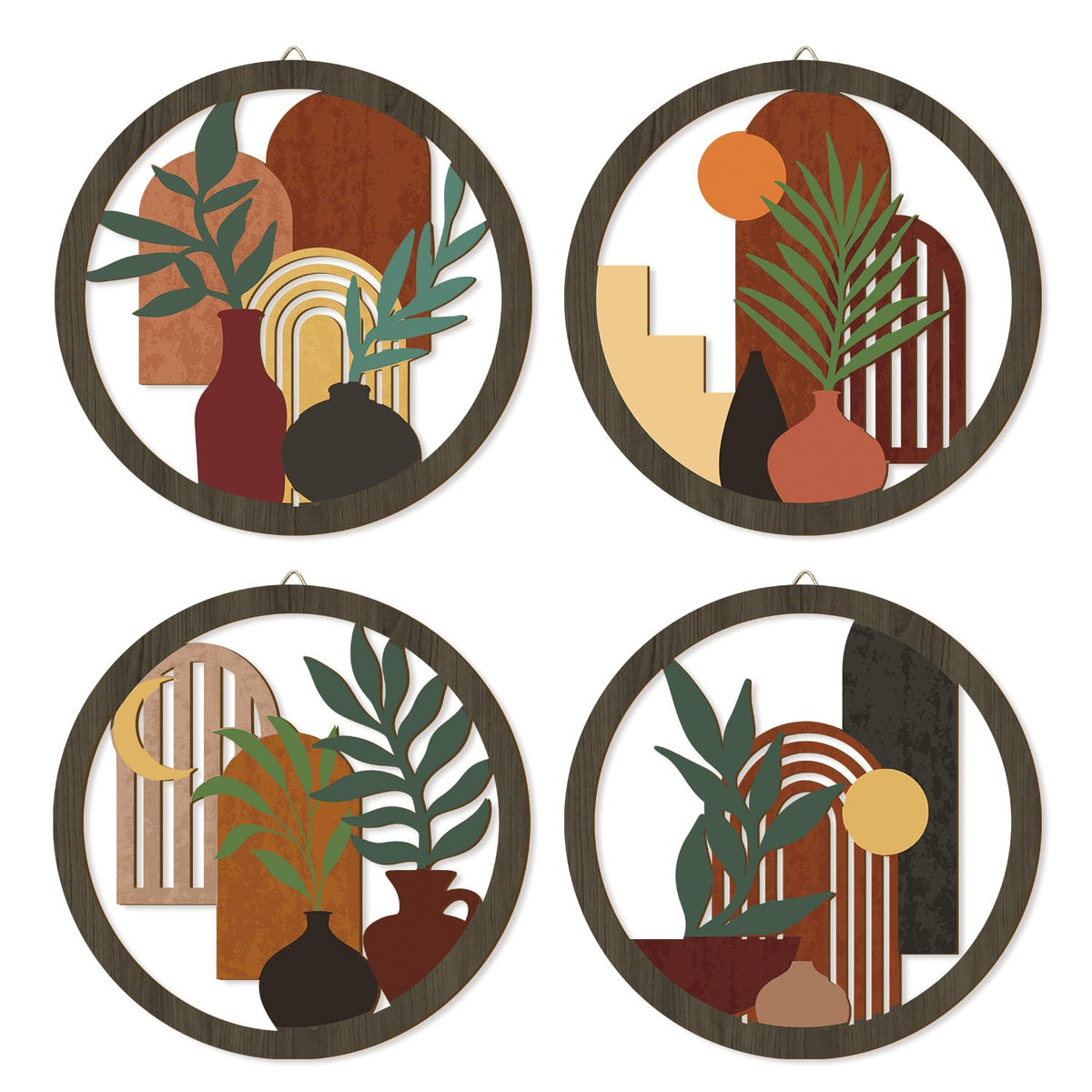 Boho Vase Plant Wooden Wall Art Minimalist Botanical Hanging Sign (4pcs Boho Vase Plant Wooden Wall Art)