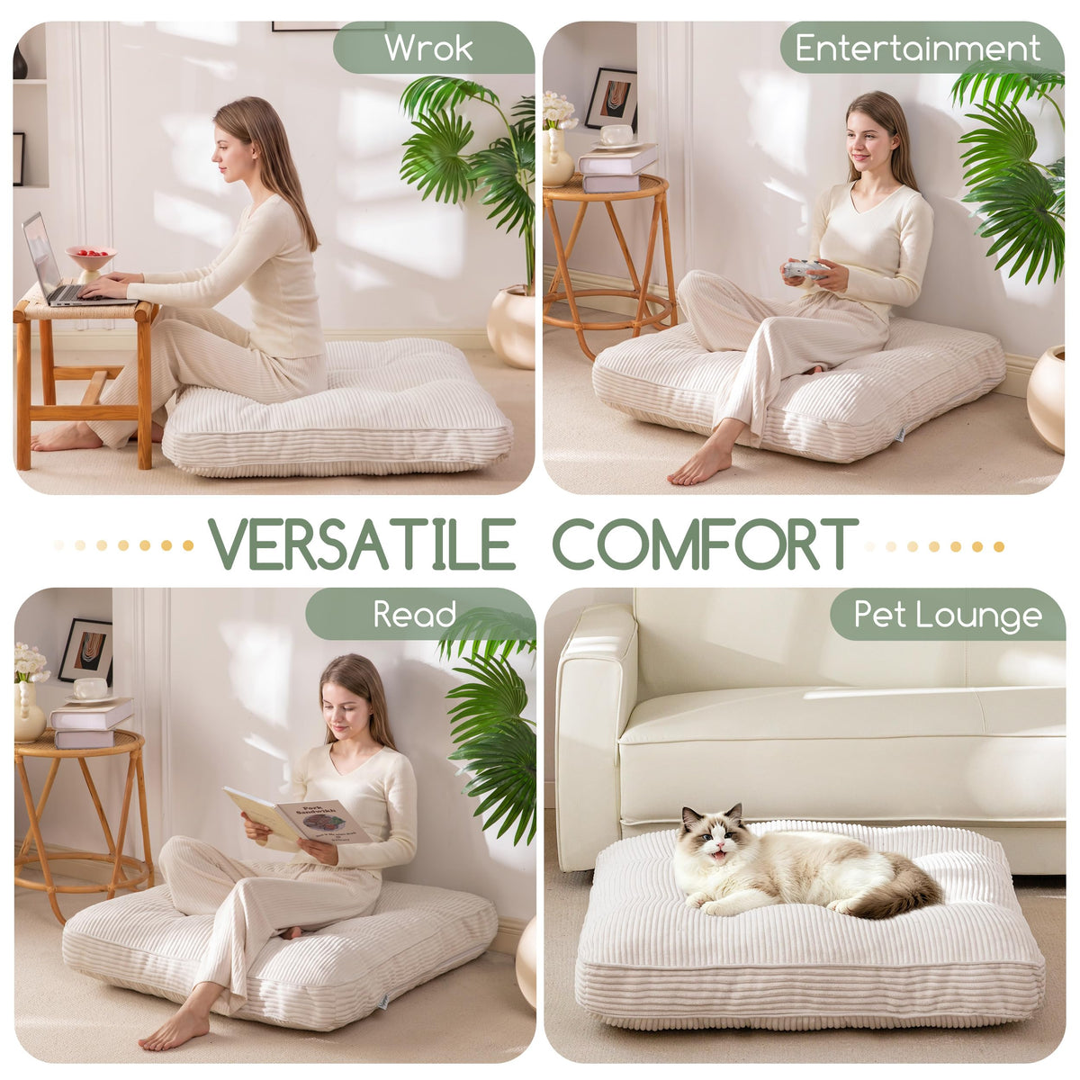 35" Floor Pillow Cushion for Adults (Beige / 4" Thick Square)