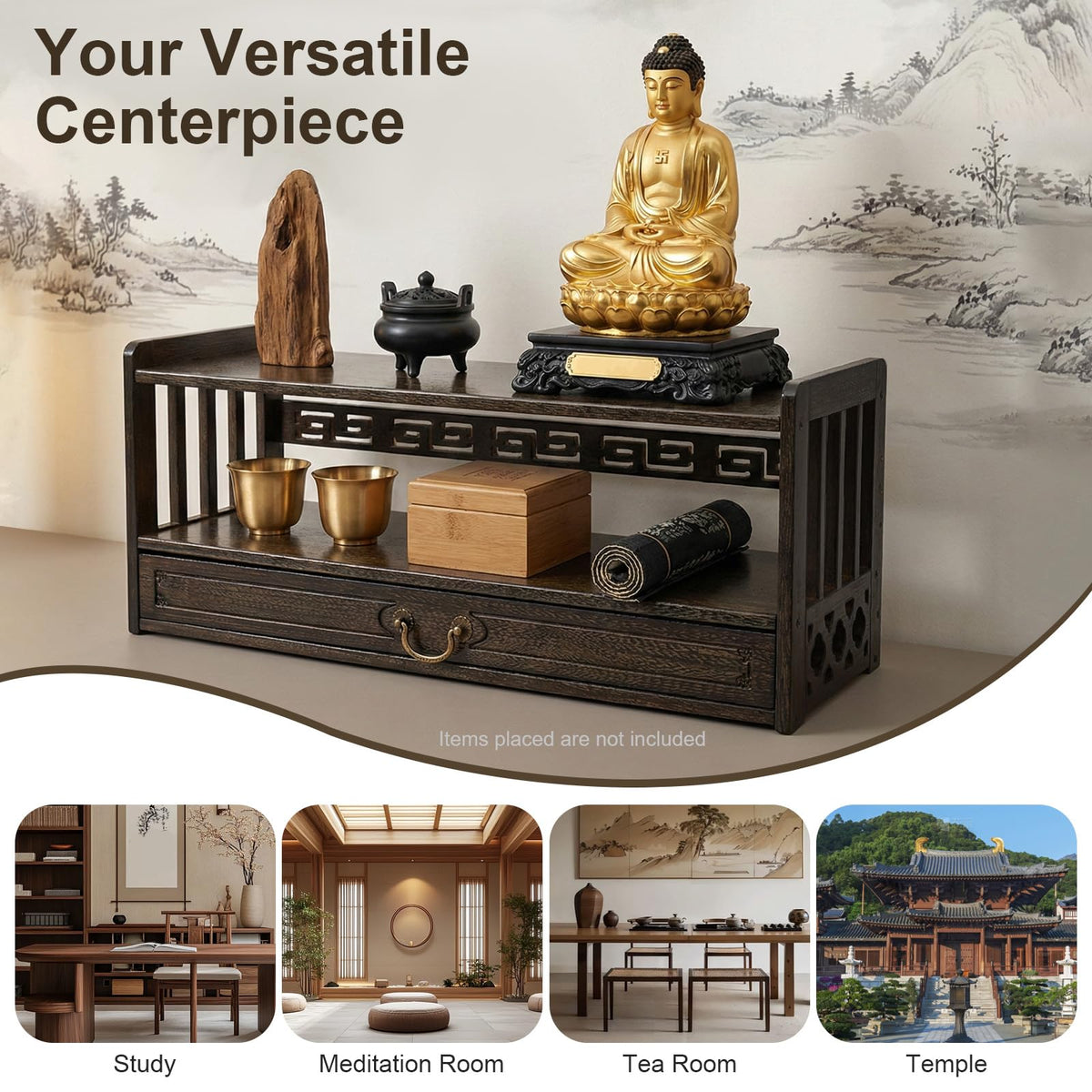 Low 3 Tier Meditation Table with Drawer (Walnut Color / 27.2”W)