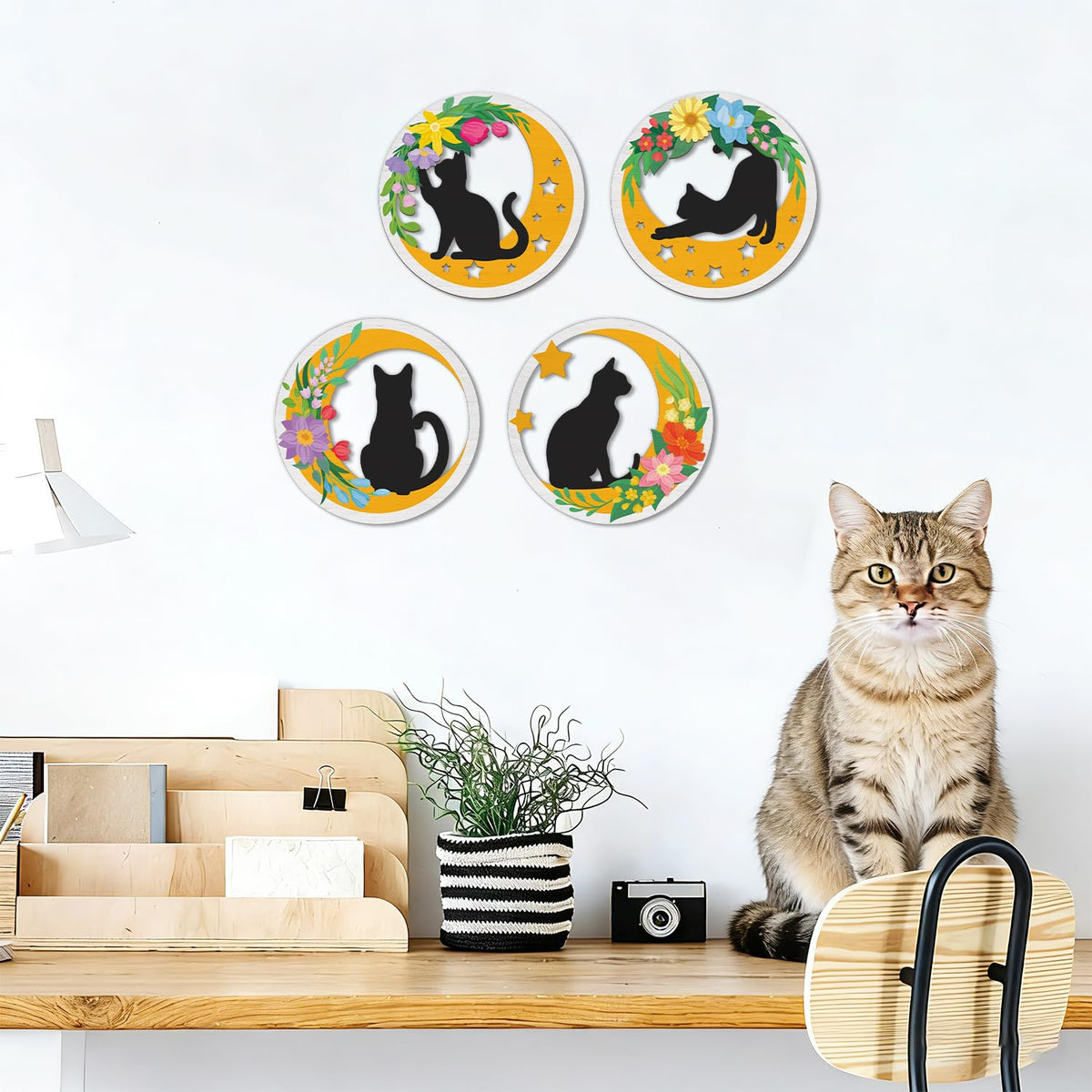 Boho Cat Moon Wall Decor Floral Black Cats Wooden Wall Art (4pcs Boho Cat Moon Wall Decor)