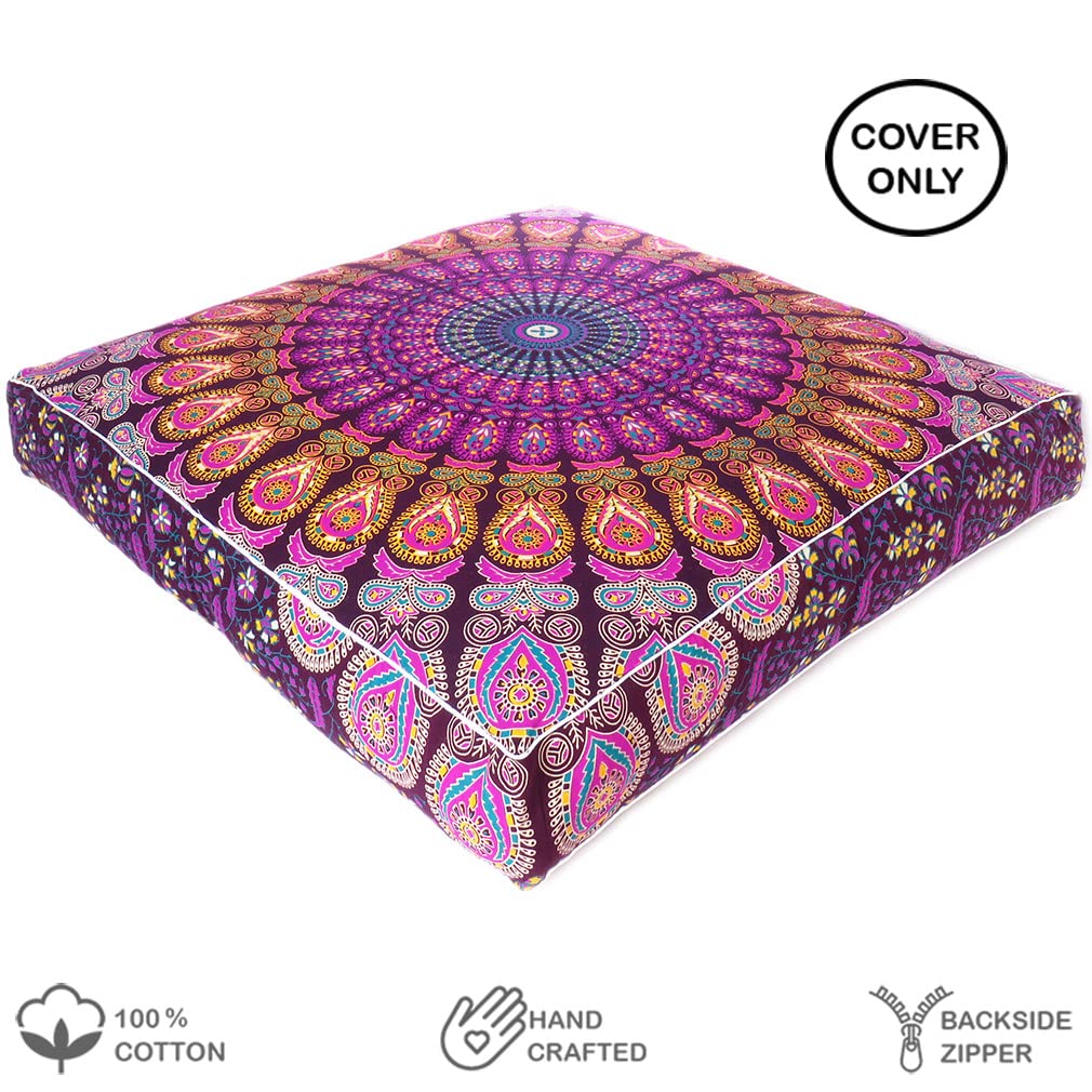 Mandala Floor Pillow Cover Meditation Cushion Seating Throw Hippie Round Colorful Decorative Bohemian Indian Pouf Ottoman Handmade Cover ONLY (35" x 35" (Pack of 1) / Purple 2)