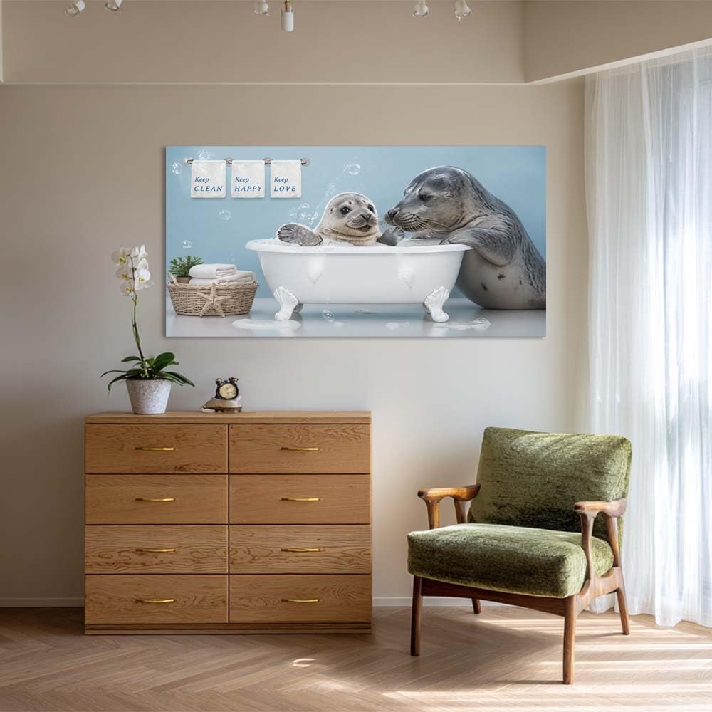 Cute Baby Seal Bubble Bath Canvas Wall Art Funny Animal Bathtub Painting Flat Print Gallery Wrapped Artwork for Living Room Bedroom Bathroom Decor (Wildlife / White Baby Seals Bathtub 22 / 46"L x 23"W)