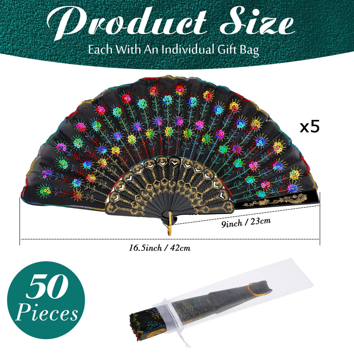 50 Pcs Folding Hand Fan Bulk for Women Foldable Fan Chinese Decorative Handheld with Different Flower Patterns Fabric Clacking Fans for Line Dancing Wedding Church Party (Embroidery / Elegant)